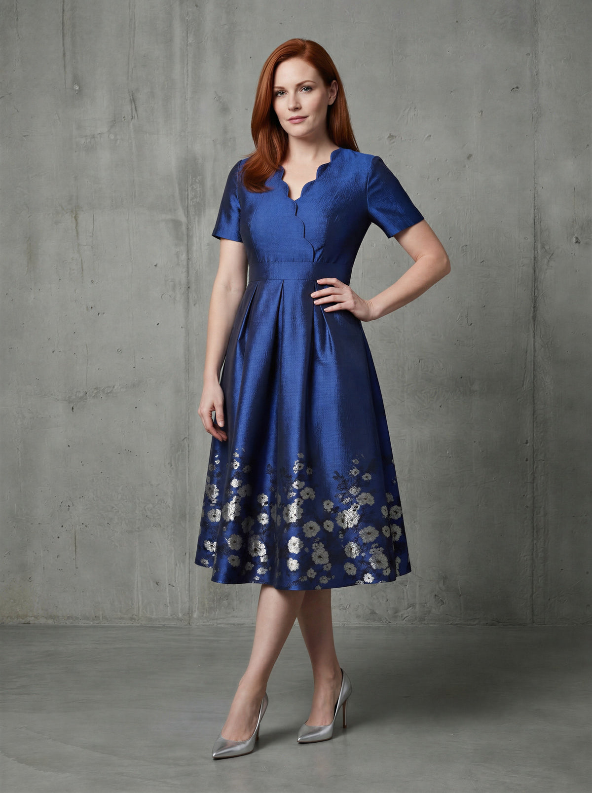 Blue short sleeves floral jacquard A-line mom dress-0