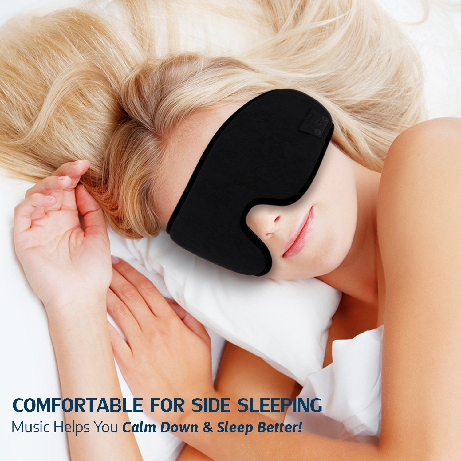 Wireless Bluetooth sleep mask with soft black fabric and built-in flat headphones for side sleepers — view 2