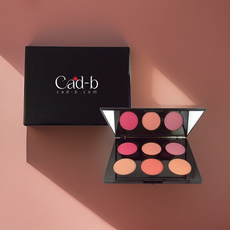 Six shade matte blush makeup palette in sleek packaging featuring natural and versatile powder colors