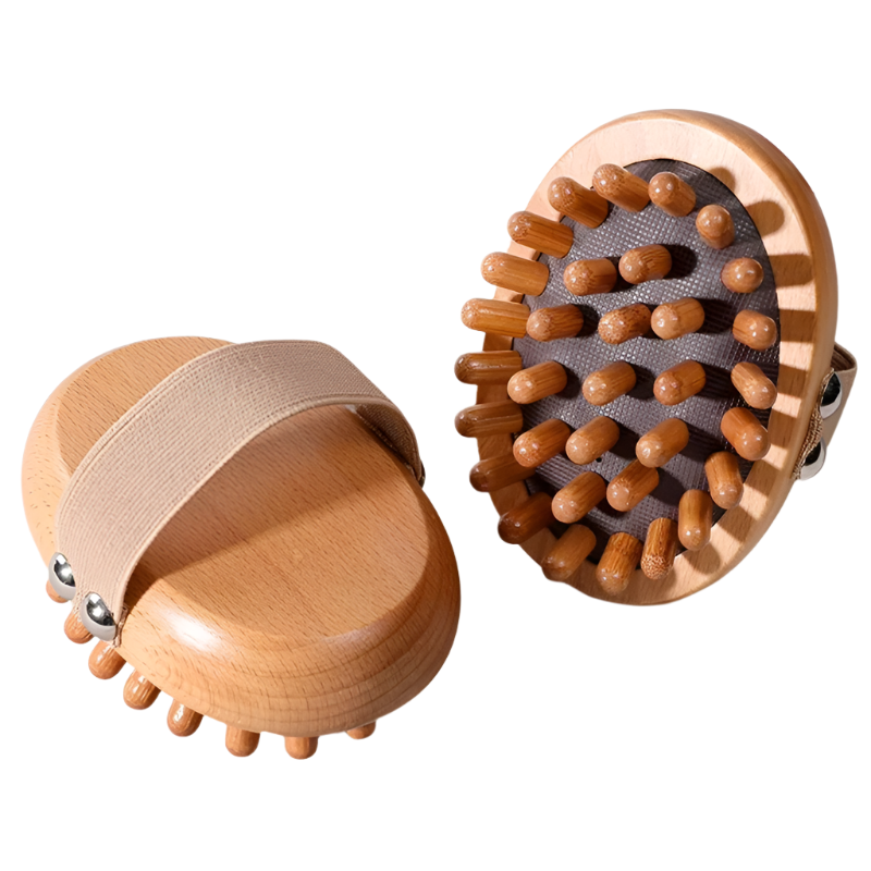 Wooden anti-cellulite and scalp massage brush in brown, two piece set with ergonomic grip