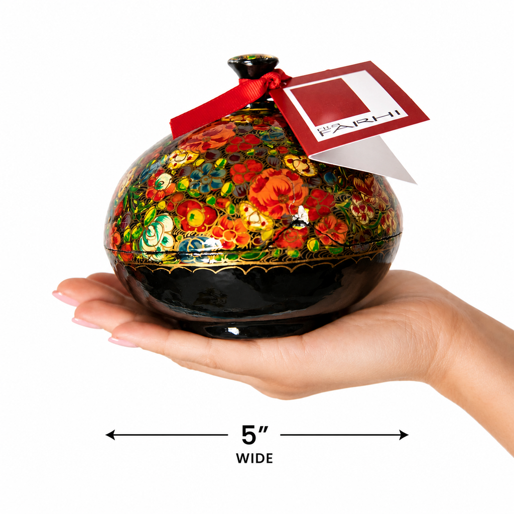 Hand-painted papier mâché bonbonnière filled with dark chocolate coated roasted coffee beans — view 4