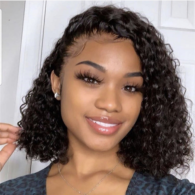 Braided synthetic lace front wig with medium long small curls and long bangs — view 2
