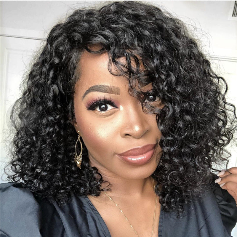 Braided synthetic lace front wig with medium long small curls and long bangs — view 3