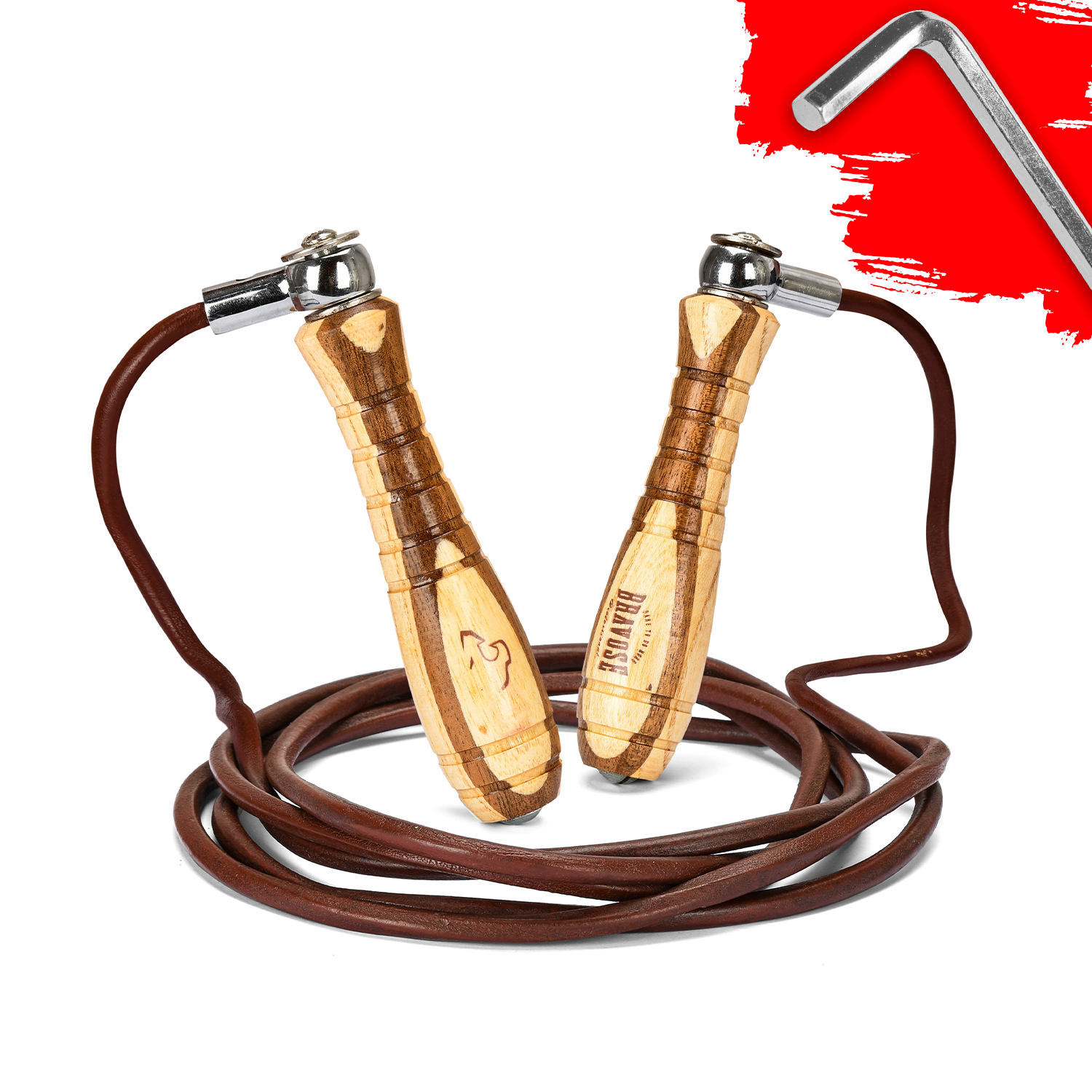 Premium leather skipping rope with ergonomic wooden handles and adjustable nine foot tangle free cord