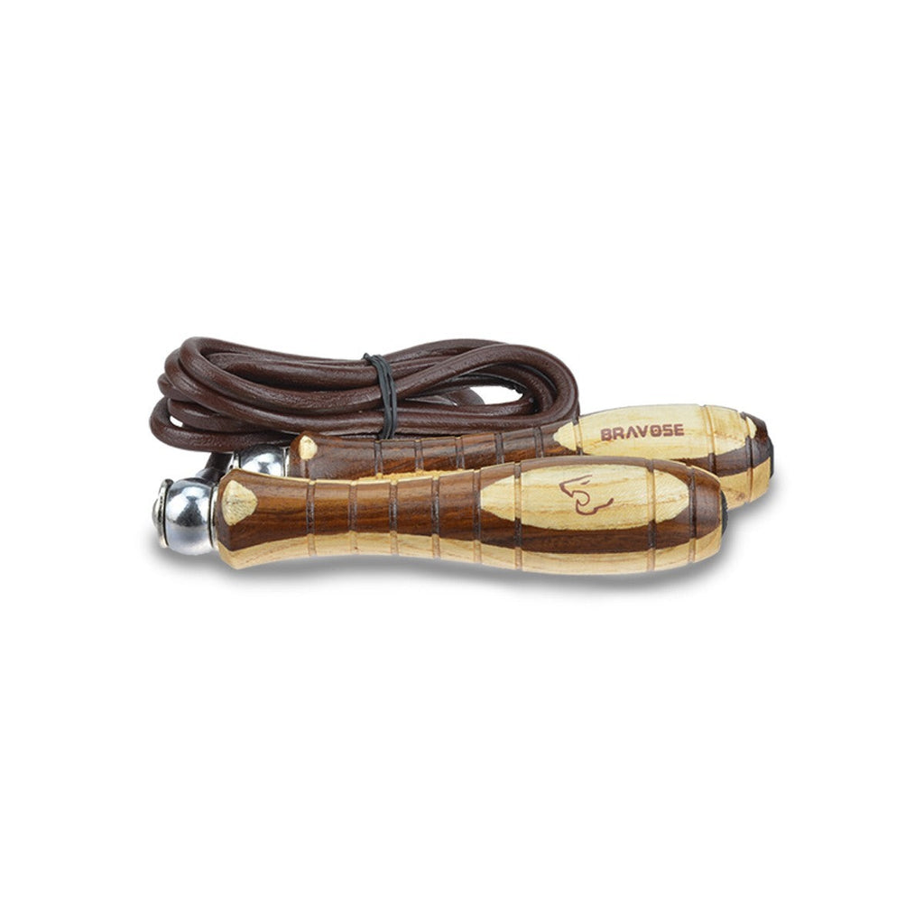 Premium leather skipping rope with ergonomic wooden handles and adjustable nine foot tangle free cord — view 4
