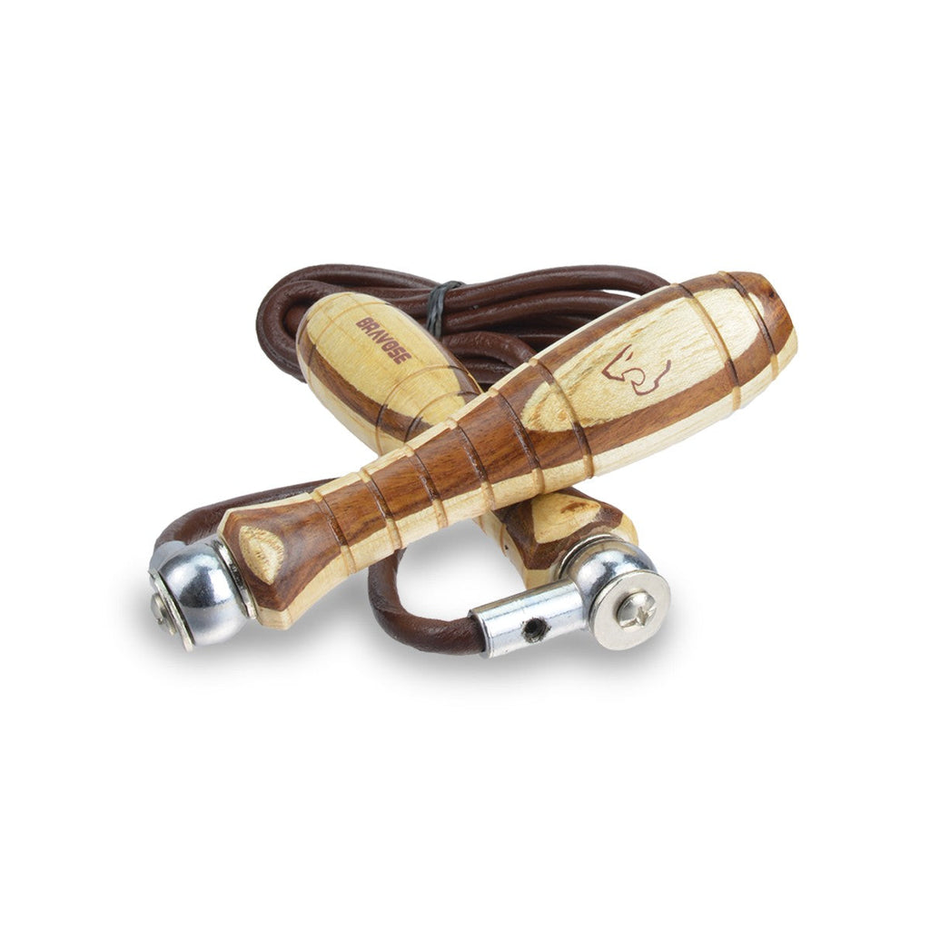 Premium leather skipping rope with ergonomic wooden handles and adjustable nine foot tangle free cord — view 5
