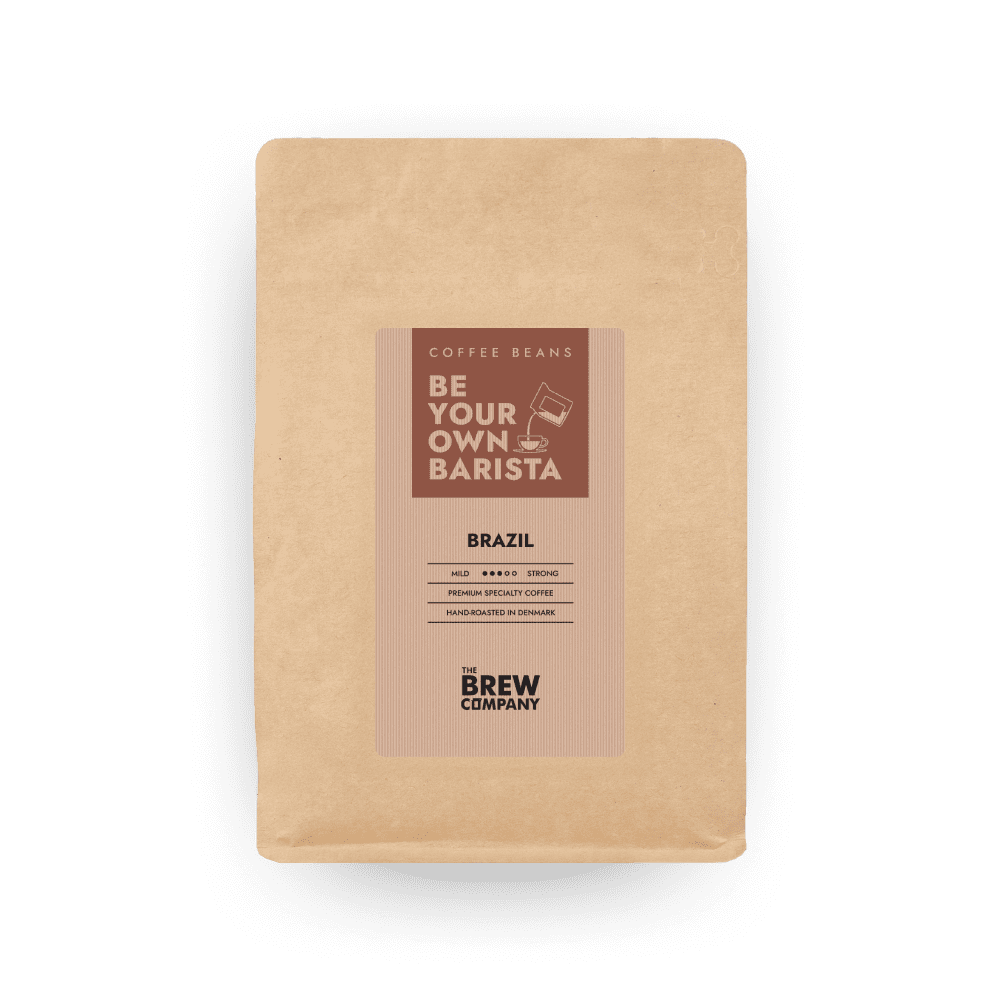 Kraft paper bag of freshly hand roasted Brazil whole coffee beans with a sweet nutty finish
