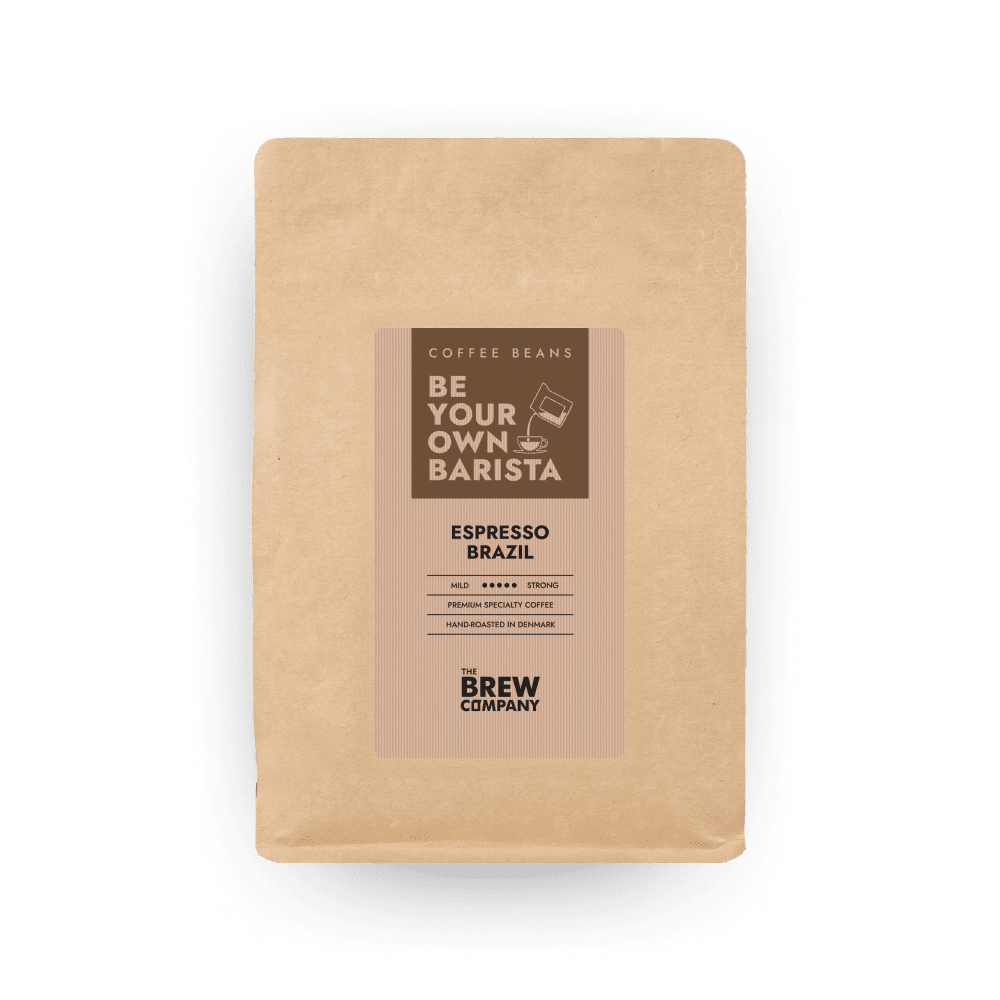 Brazil espresso coffee beans in eco-friendly kraft paper packaging with a rich dark roast
