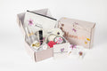 All-natural bridal spa gift set with eye mask, cosmetic bag, and bath essentials in presentation box