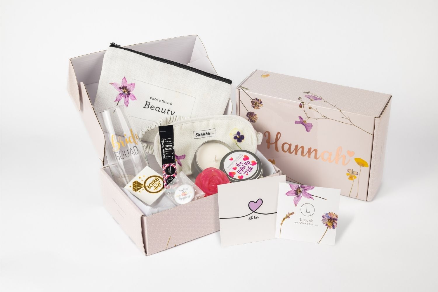 All-natural bridal spa gift set with eye mask, cosmetic bag, and bath essentials in presentation box