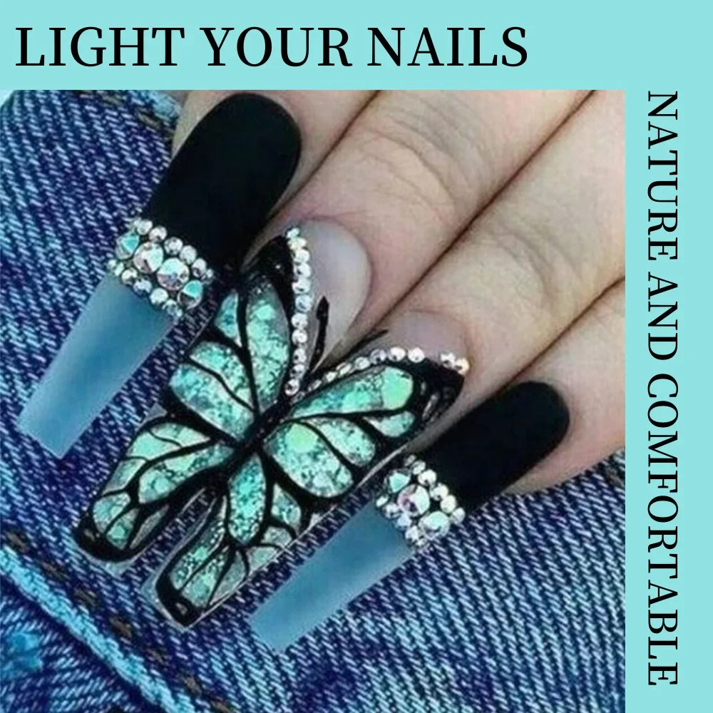 Broken diamond green butterfly long T-shaped press-on nail art kit with adhesive glue