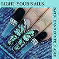 Broken diamond green butterfly long T-shaped press-on nail art kit with adhesive glue