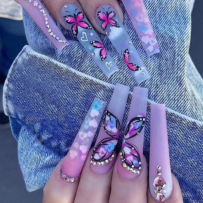 Broken diamond green butterfly long T-shaped press-on nail art kit with adhesive glue — view 2