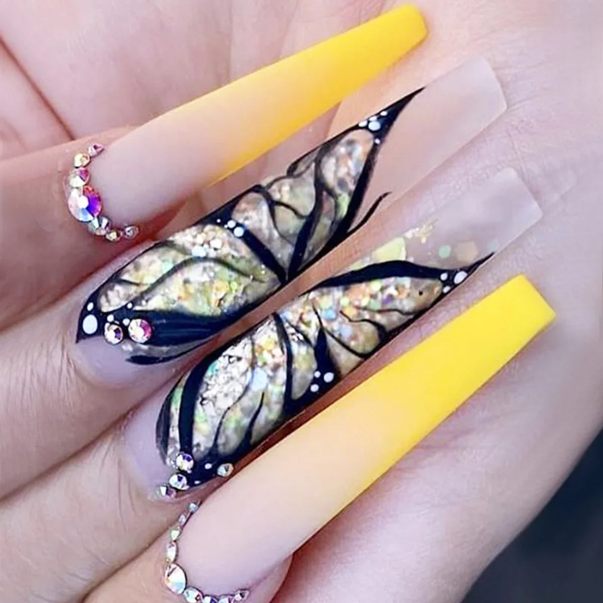Broken diamond green butterfly long T-shaped press-on nail art kit with adhesive glue — view 3