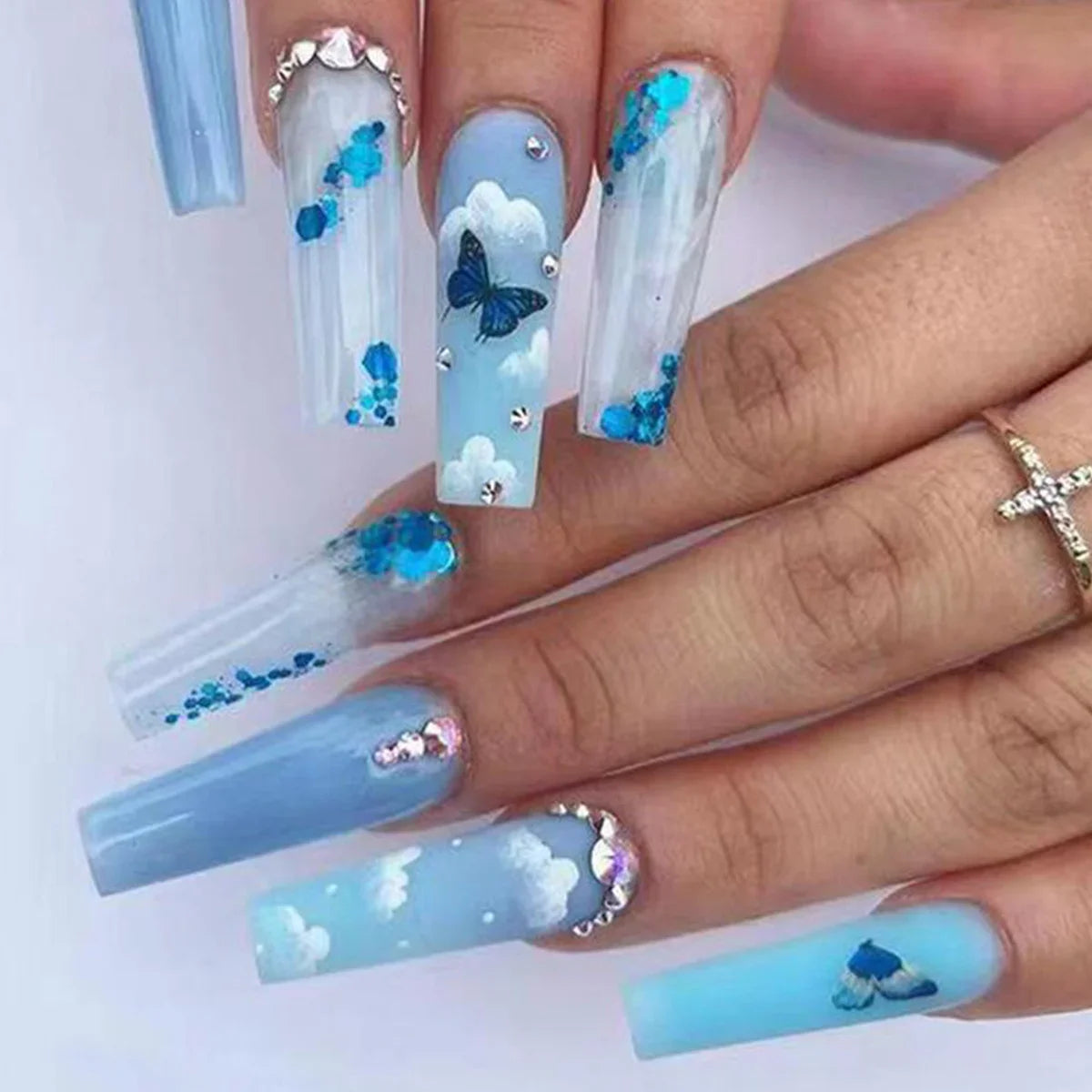 Broken diamond green butterfly long T-shaped press-on nail art kit with adhesive glue — view 5
