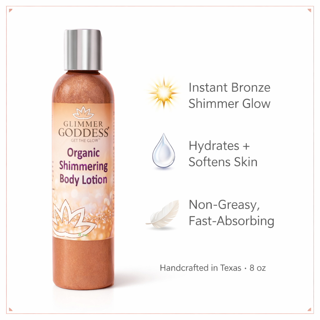 Organic bronze shimmer body lotion bottle highlighting luminous radiant sun-kissed glow for all skin tones