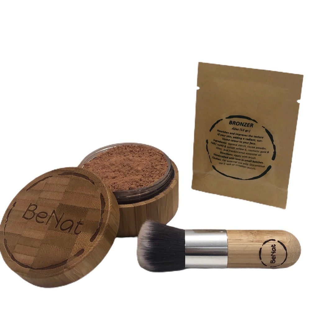 Bronzer loose powder set with bamboo container, kabuki brush, and eco-friendly kraft bag refill. — view 2