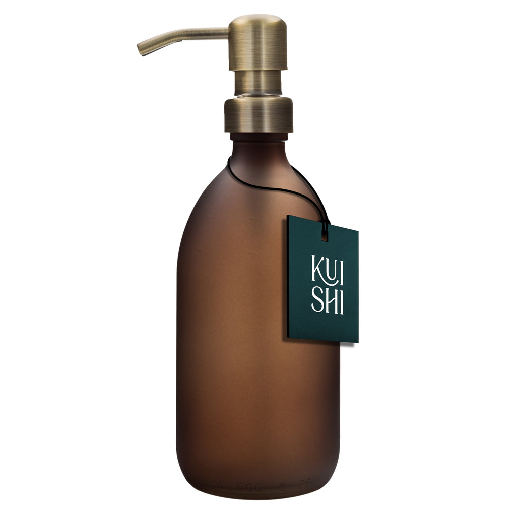 Frosted amber glass dispenser with stainless steel pump for liquid soap or moisturiser — view 3