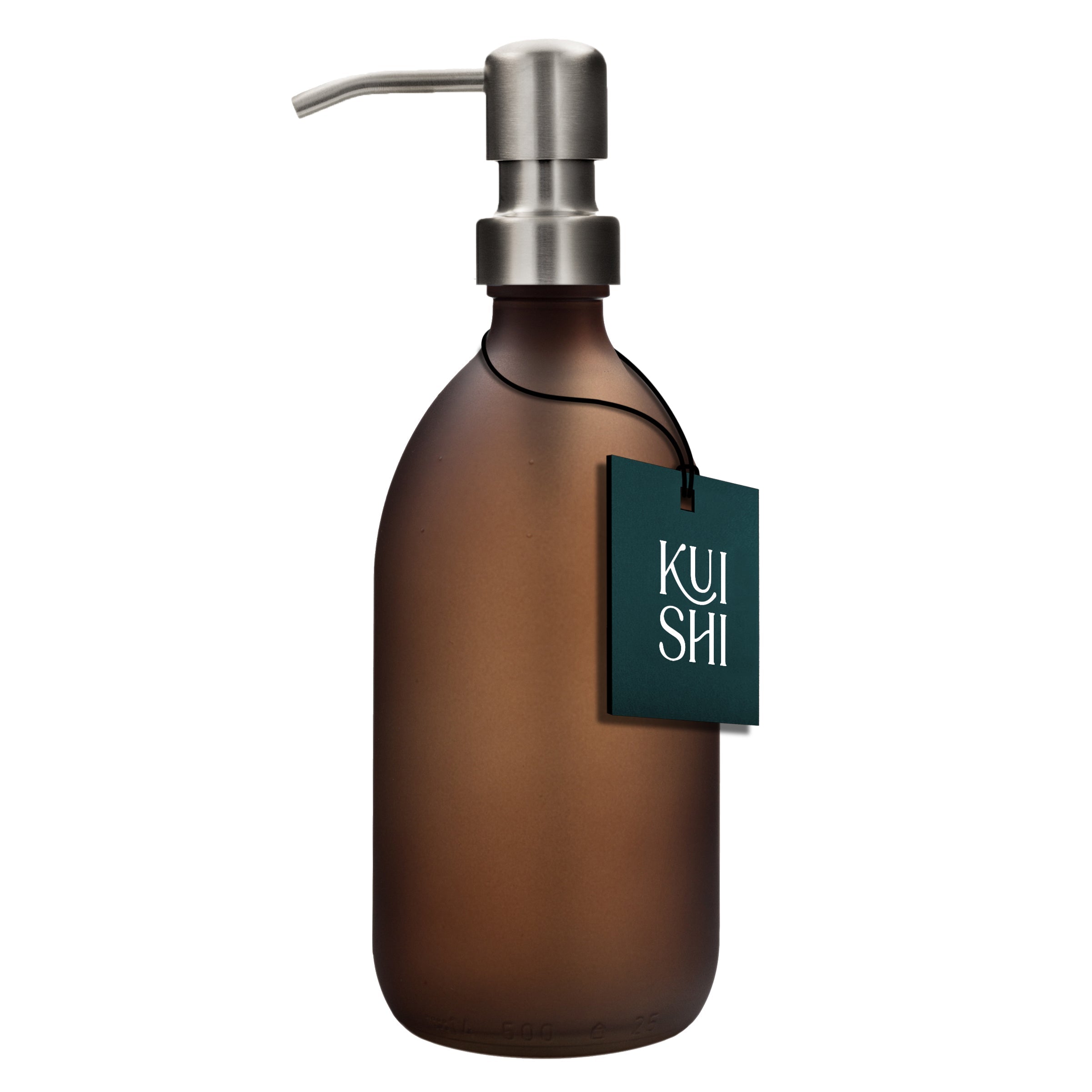 Frosted amber glass dispenser with stainless steel pump for liquid soap or moisturiser — view 2
