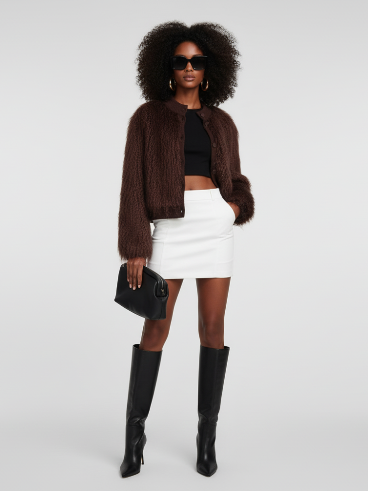 Brown stand up collar women's jacket with subtle ruffle details and classic button closure — view 3