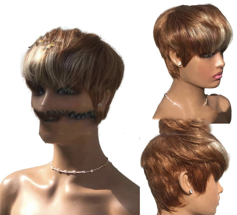 Short women's wig with brown and golden blonde highlights made of synthetic hair — view 2