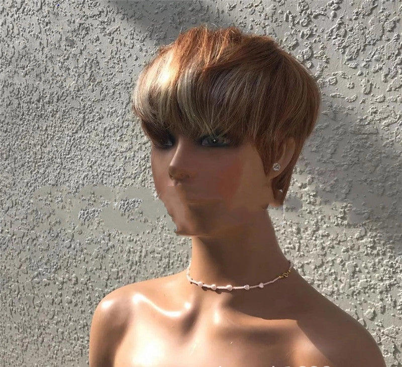 Short women's wig with brown and golden blonde highlights made of synthetic hair — view 4