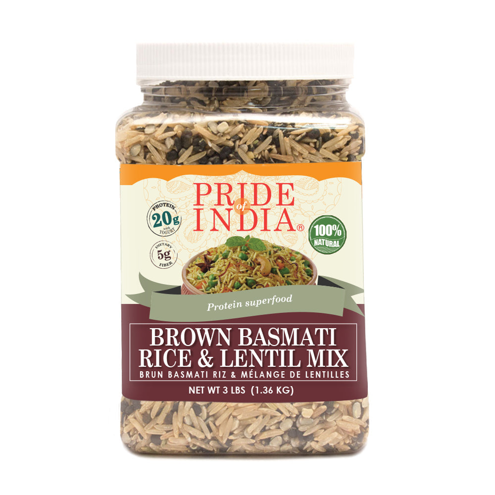 Brown basmati rice and lentil kitchari superfood mix inside a clear food-grade storage jar — view 3