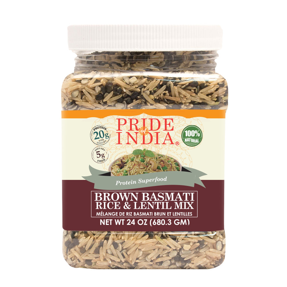 Brown basmati rice and lentil kitchari superfood mix inside a clear food-grade storage jar