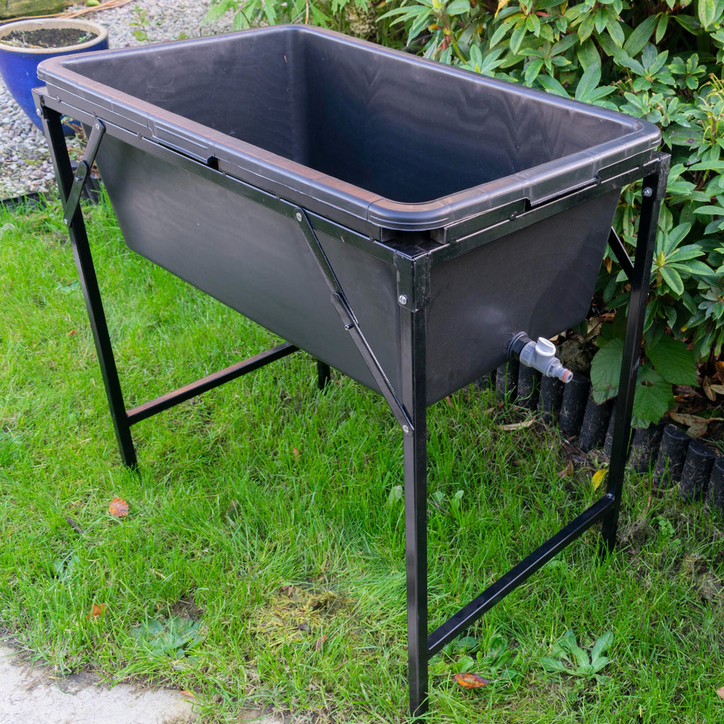 90L portable plastic dog bath kit with elevated foldable metal stand and quick-connect drain valve — view 2