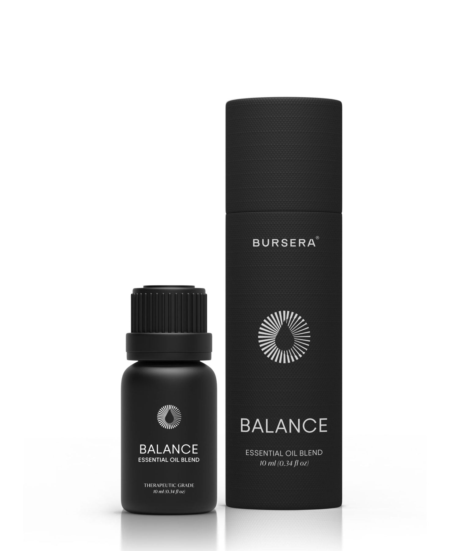 Balance Essential Oil Blend amber glass dropper bottle with natural botanical background
