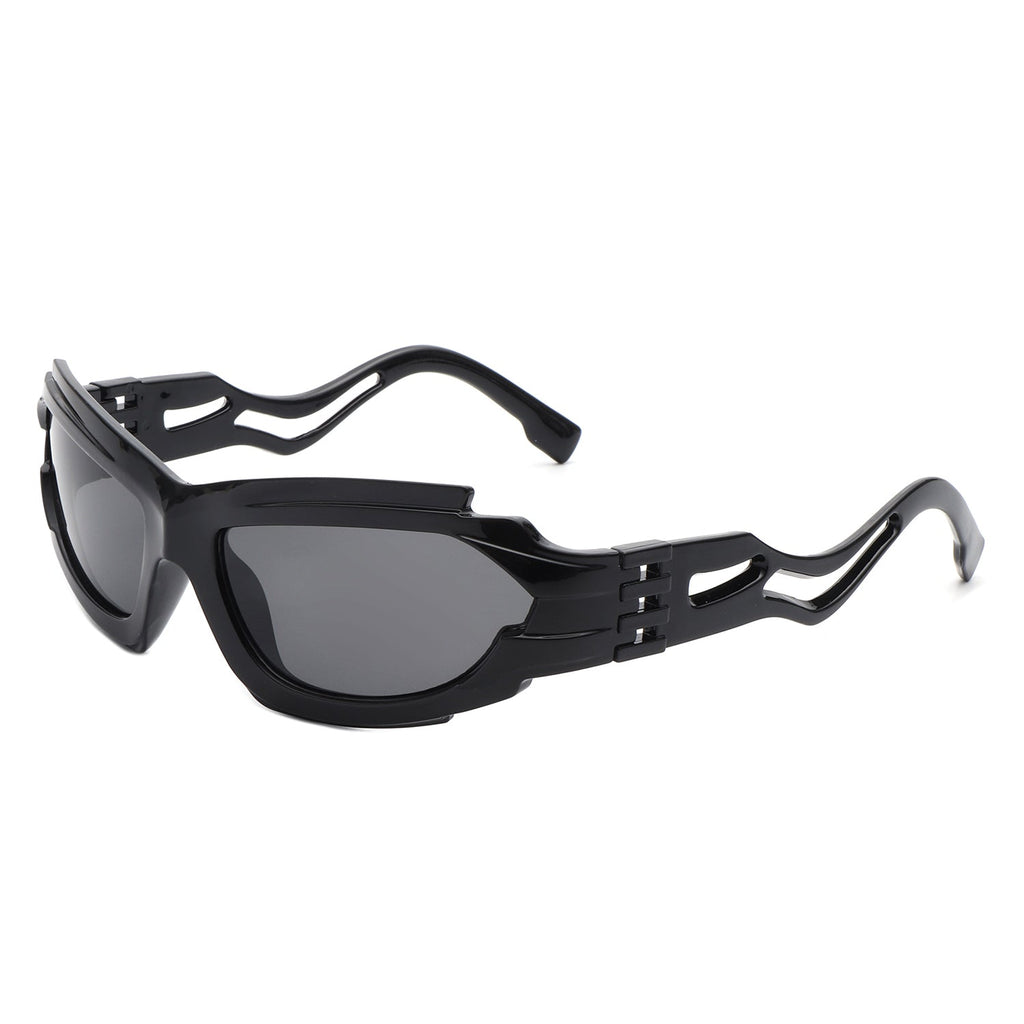 Fliyque - Geometric Rectangle Futuristic Wrap Around Sunglasses-2