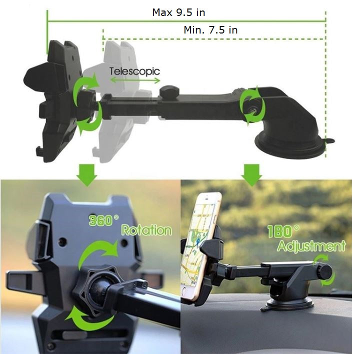 Adjustable long neck car phone mount attached to a dashboard holding a modern black smartphone — view 3