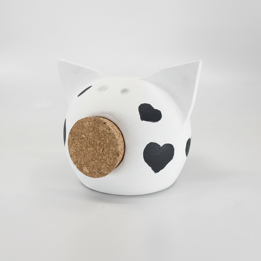 Queen of Hearts ceramic piggy bank in white with hand-painted black heart motifs and cork snout — view 5