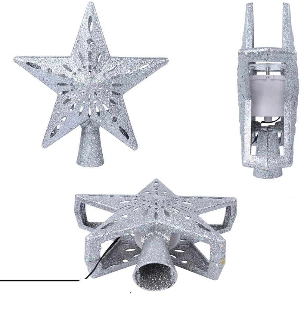 Silver 3D glitter star Christmas tree topper with rotating LED snowflake projector and base