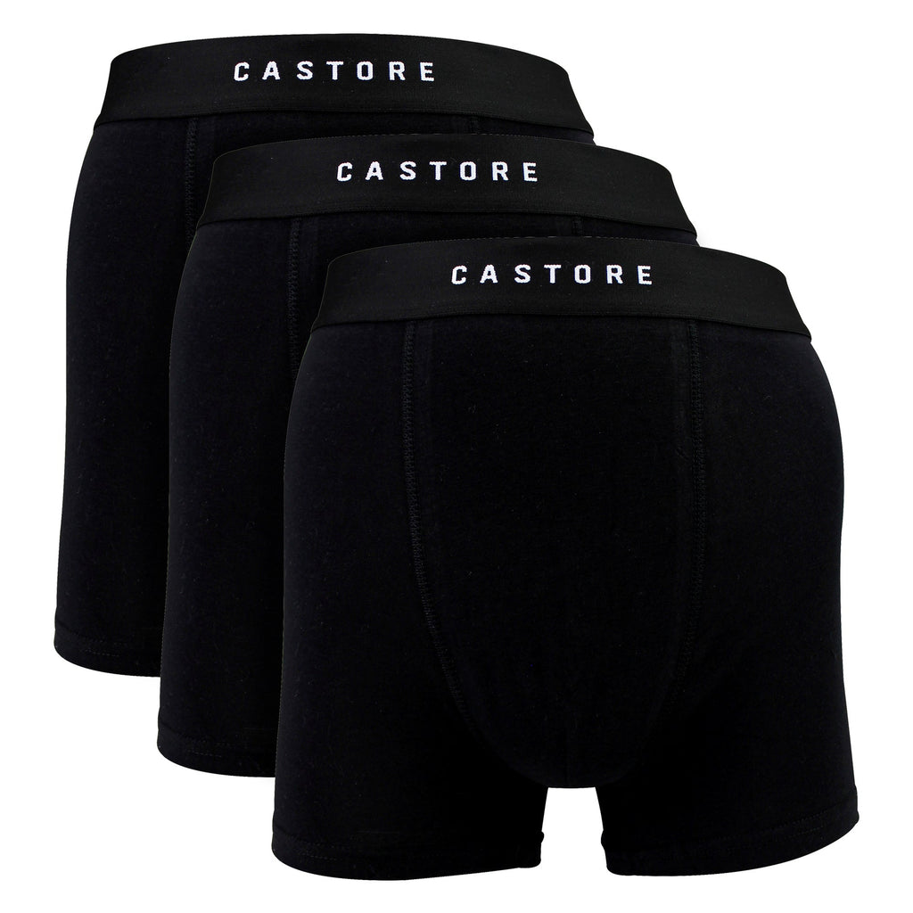 Three pack of men's black and navy cotton boxer shorts with elastic stretch waistbands