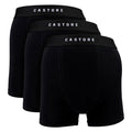 Three pack of men's black and navy cotton boxer shorts with elastic stretch waistbands