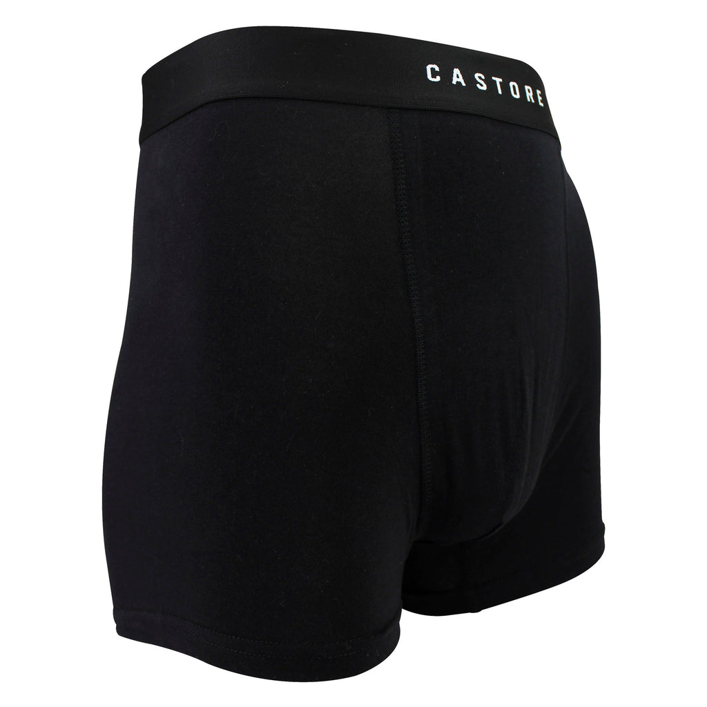 Three pack of men's black and navy cotton boxer shorts with elastic stretch waistbands — view 3
