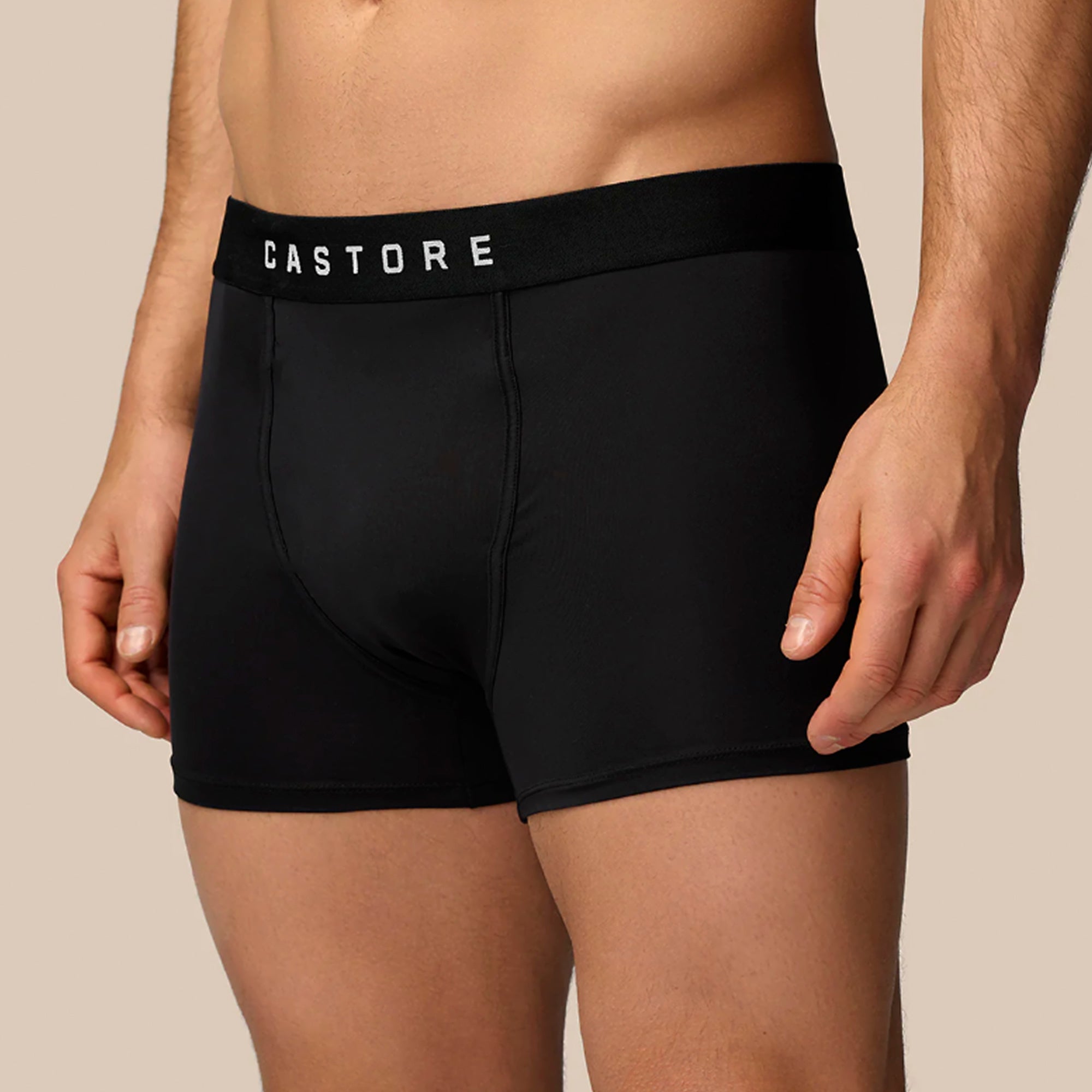 Three pack of men's black and navy cotton boxer shorts with elastic stretch waistbands — view 4
