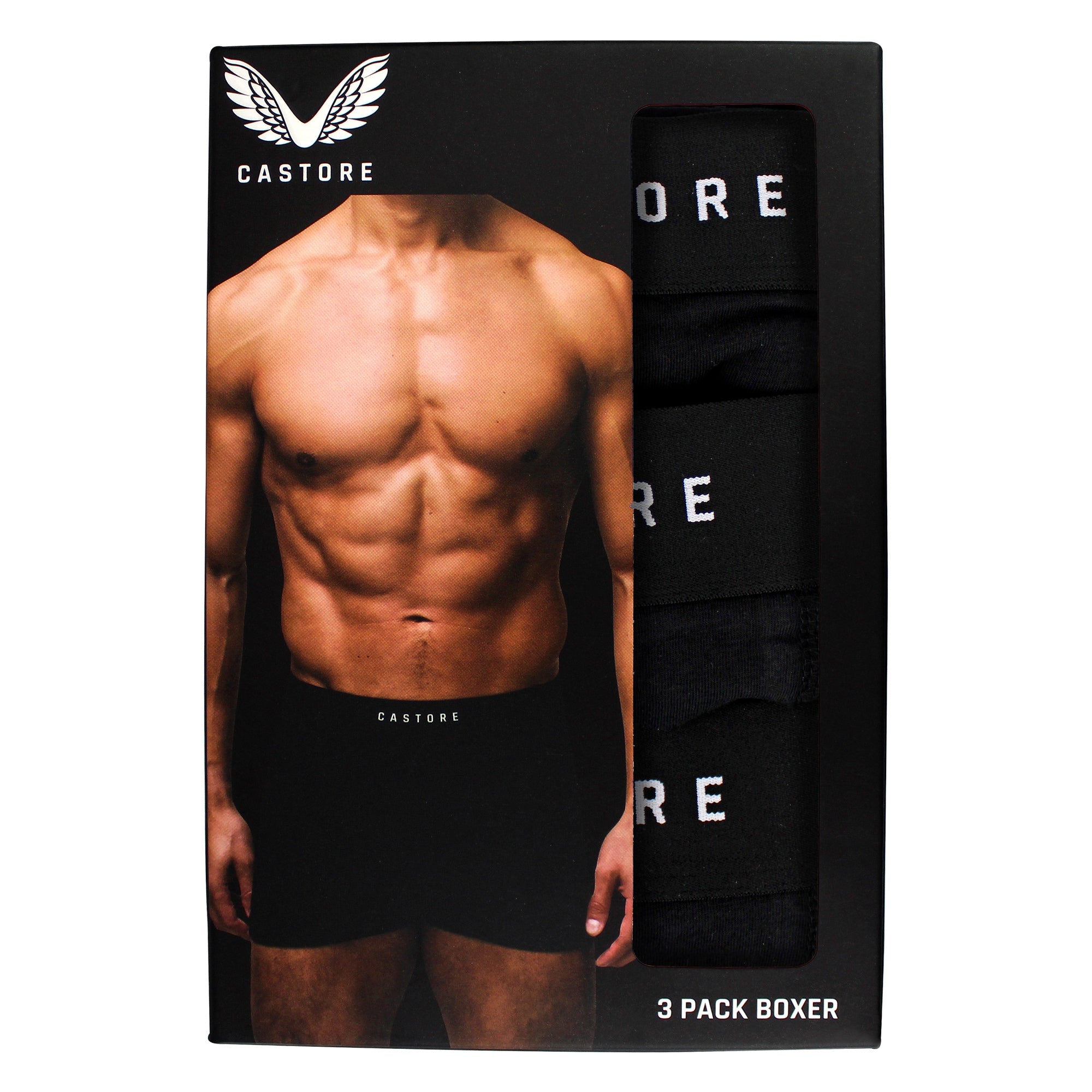 Three pack of men's black and navy cotton boxer shorts with elastic stretch waistbands — view 2
