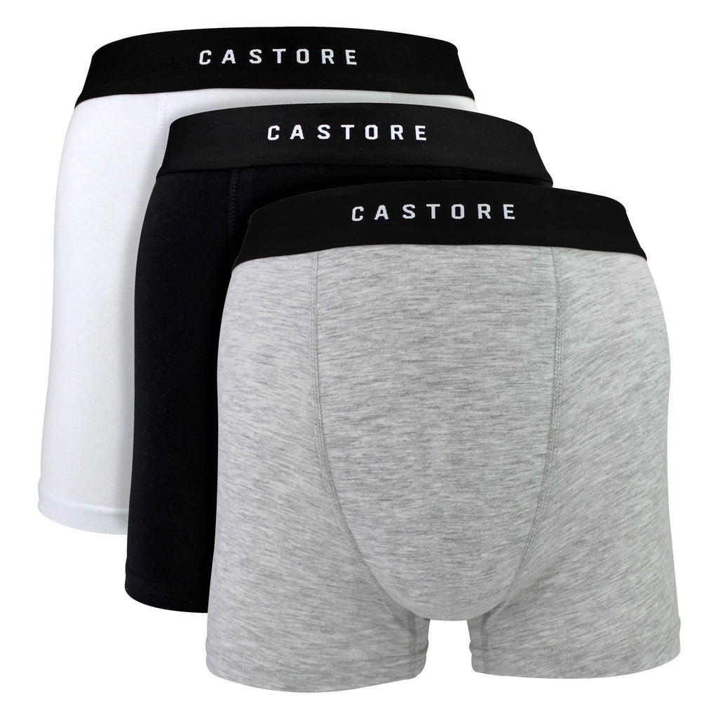 Three pack of men's black and navy cotton boxer shorts with elastic stretch waistbands — view 5