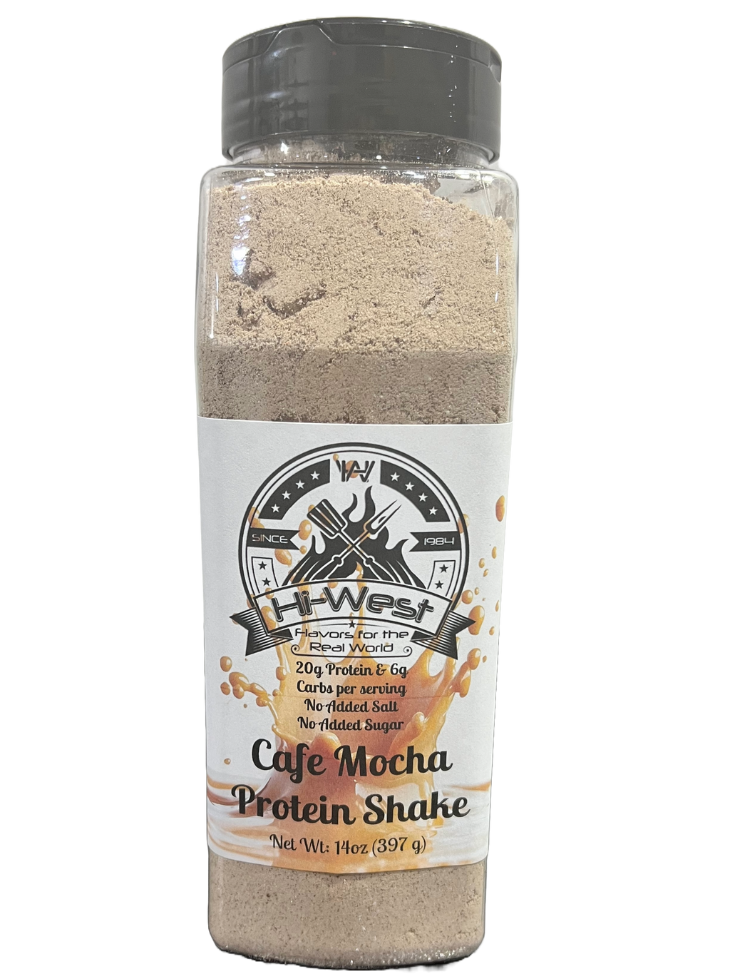 Cafe mocha protein shake bottle with rich chocolate flavor and 20g protein for muscle recovery
