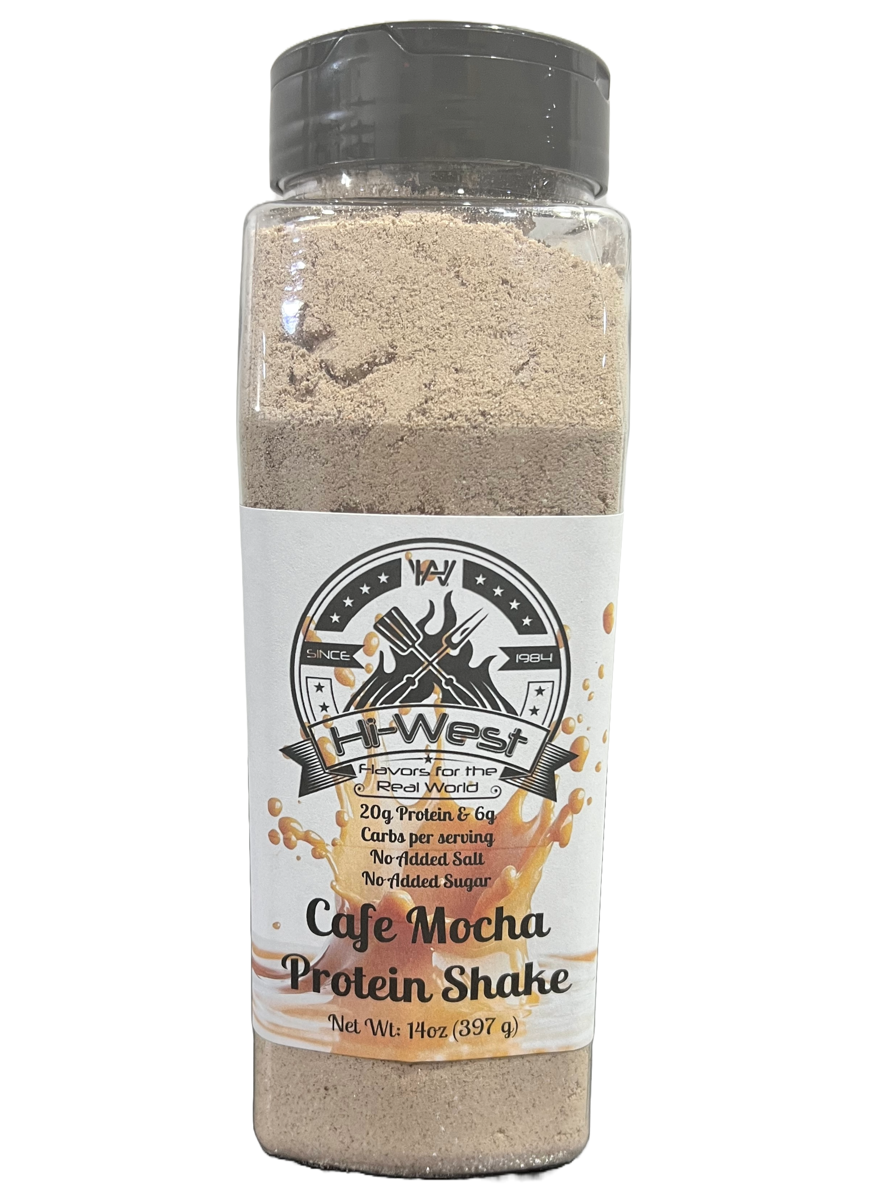 Cafe mocha protein shake bottle with rich chocolate flavor and 20g protein for muscle recovery