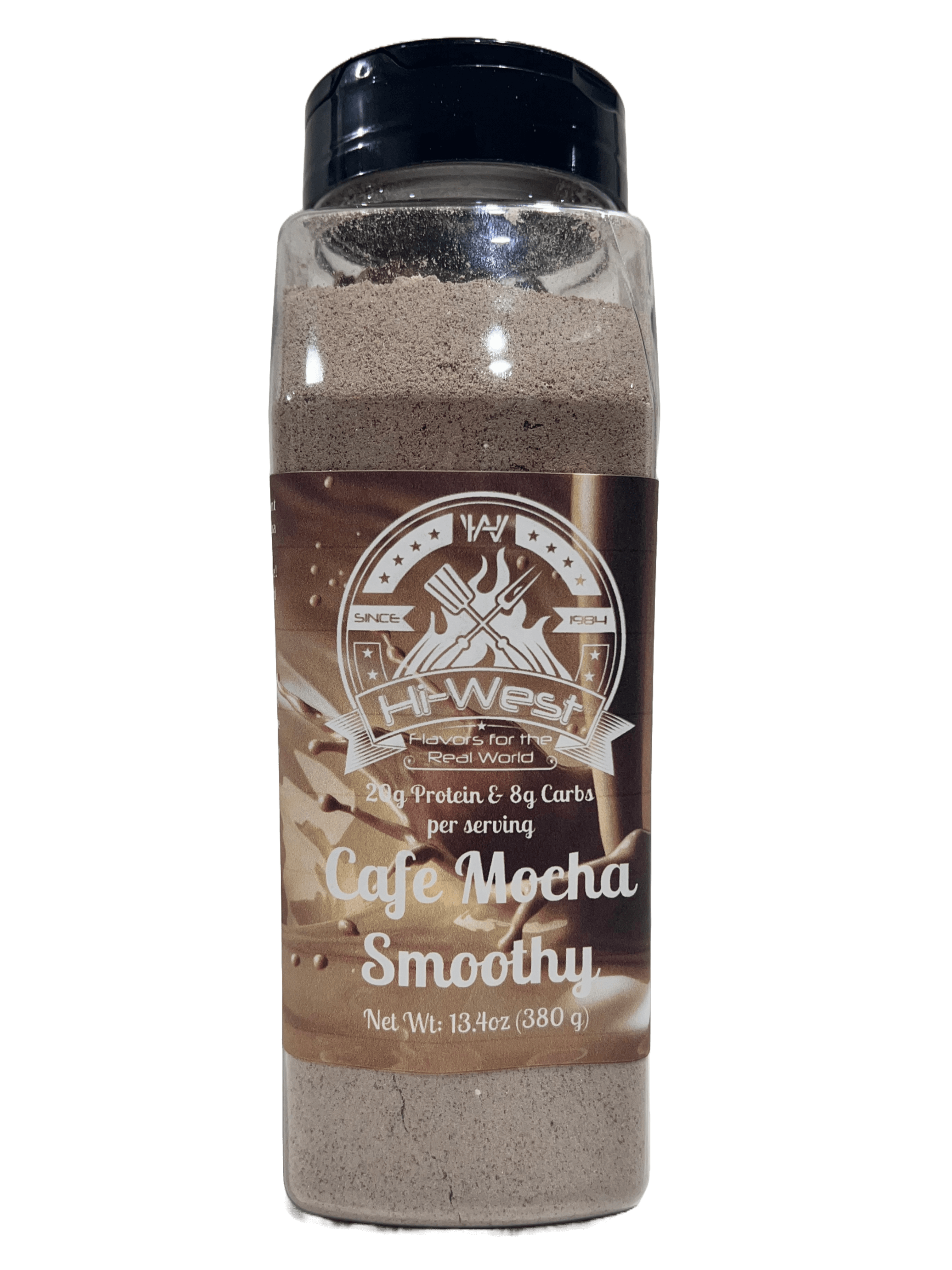 Hi-West Cafe Mocha protein smoothy mix packaging showing rich chocolate and coffee flavor details