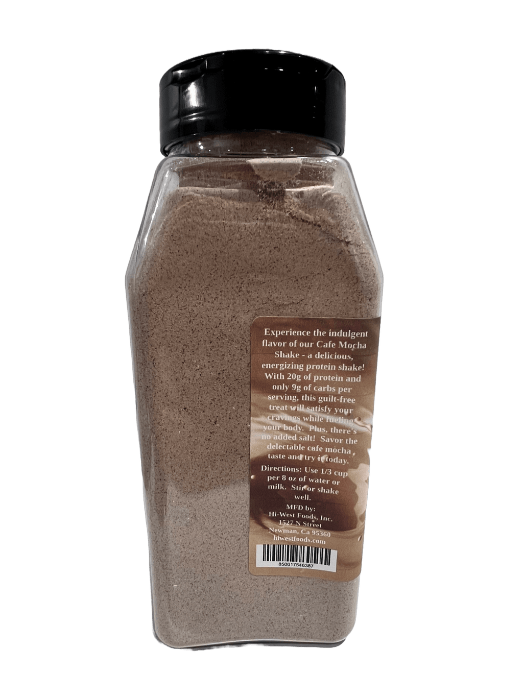 Hi-West Cafe Mocha protein smoothy mix packaging showing rich chocolate and coffee flavor details — view 3