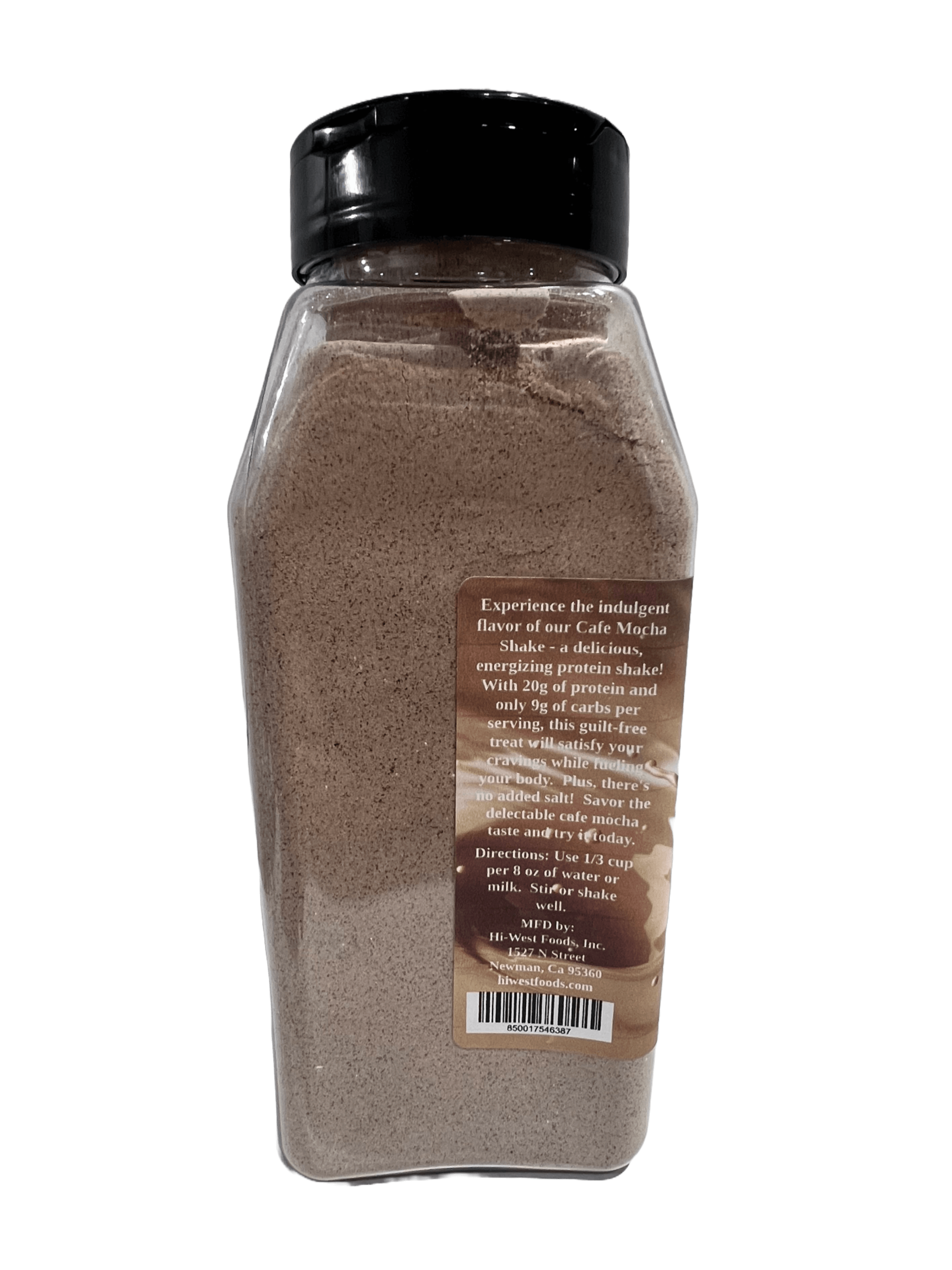 Hi-West Cafe Mocha protein smoothy mix packaging showing rich chocolate and coffee flavor details — view 3