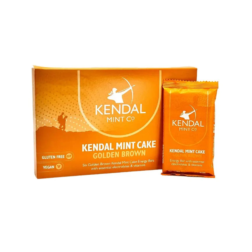 Golden brown Kendal Mint Cake energy bar pocket pack with three breakable blocks