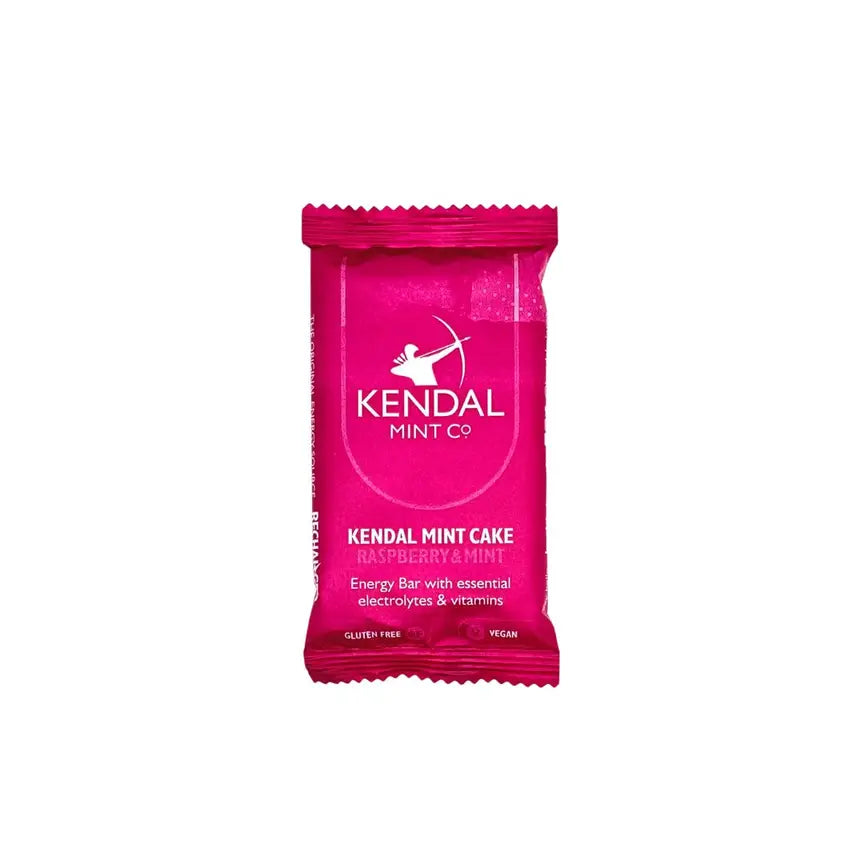 Raspberry and mint Kendal Mint Cake pocket energy bar with three breakable block sections — view 2