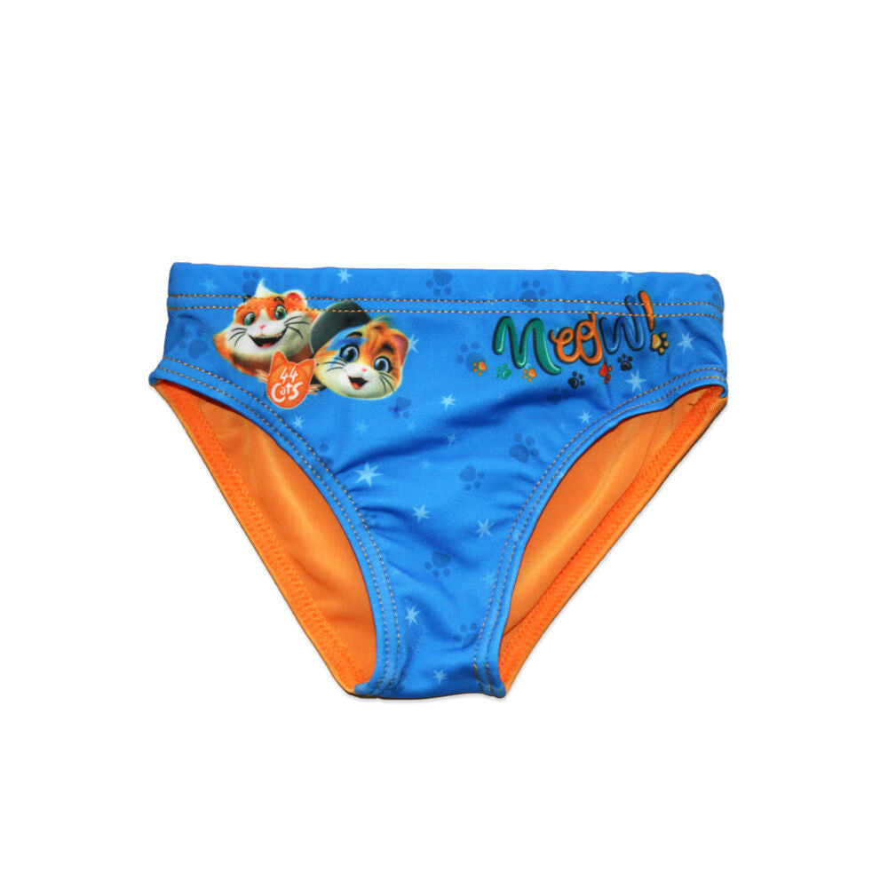 Orange baby boy swim bottoms featuring a playful cat print and comfortable elastic waistband.