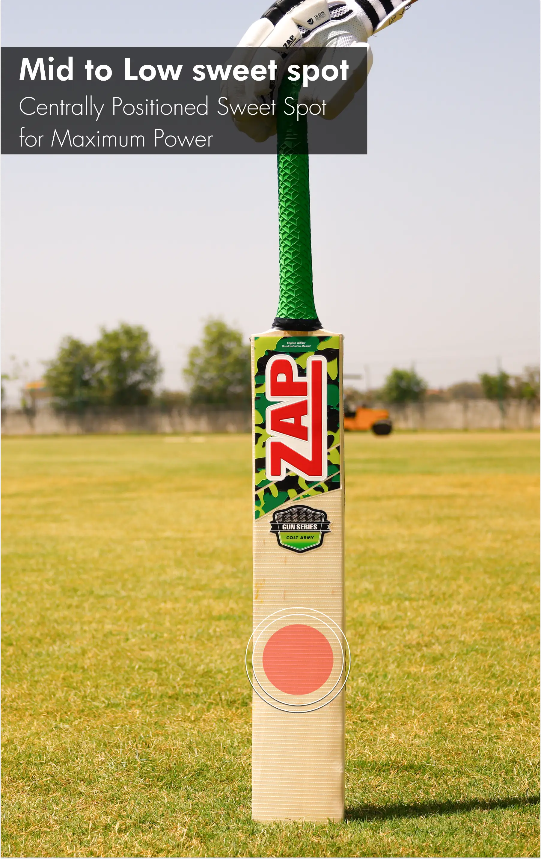ZAP Colt Army English willow cricket bat with rubberized grip and protective scuff sheet — view 4