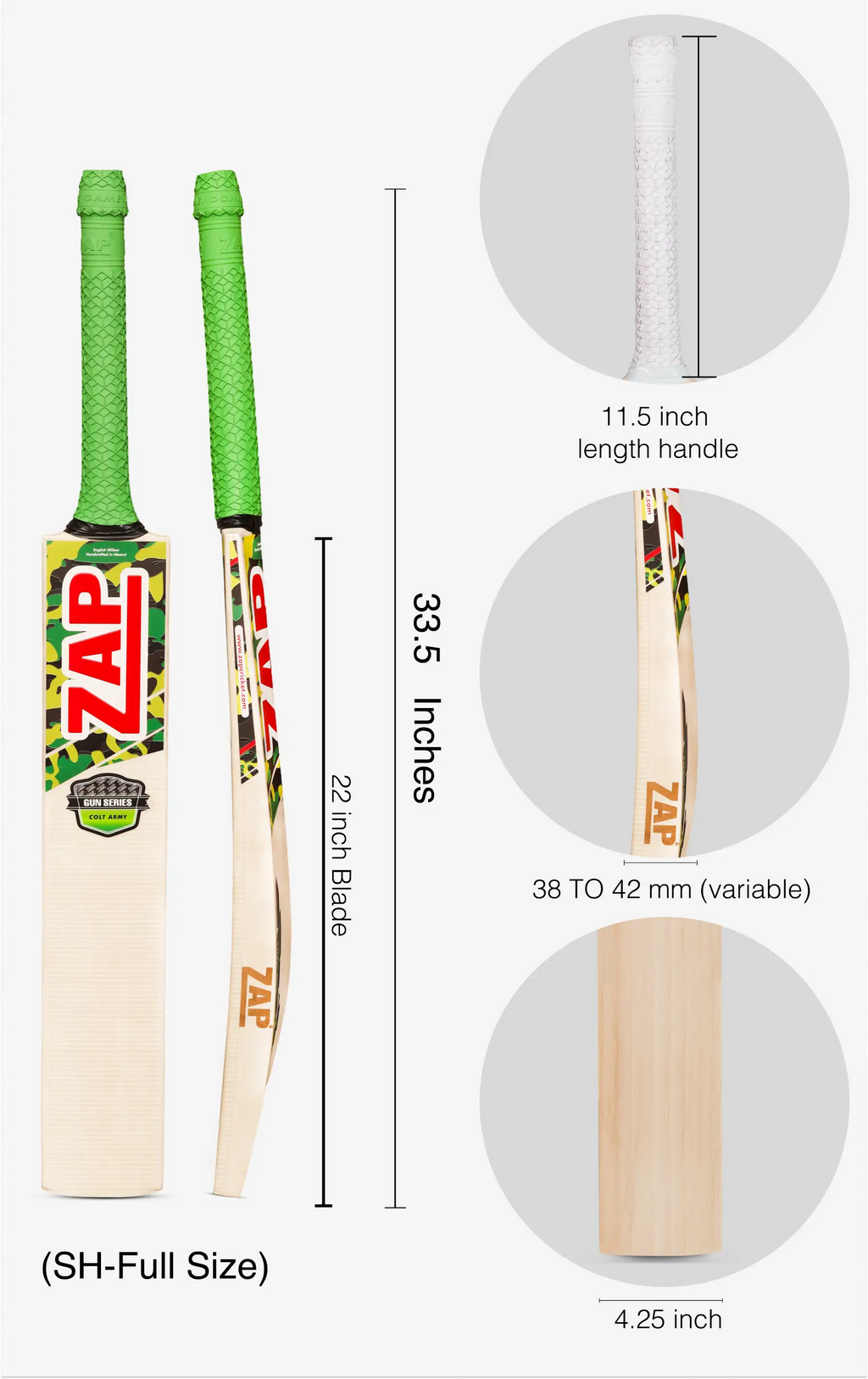 ZAP Colt Army English willow cricket bat with rubberized grip and protective scuff sheet — view 2